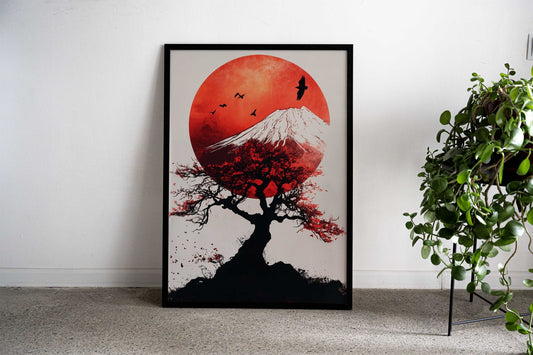 Red Sun & Mountain Asian Style Poster | Wall Art for Home & Office | High-Quality Print - High-Quality Visual Display