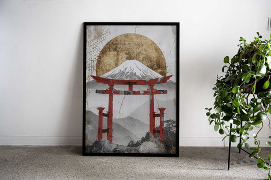 Red Tori Gate Fuji Gold Asian Style Poster | Wall Art for Home & Office | High-Quality Print - High-Quality Visual Display