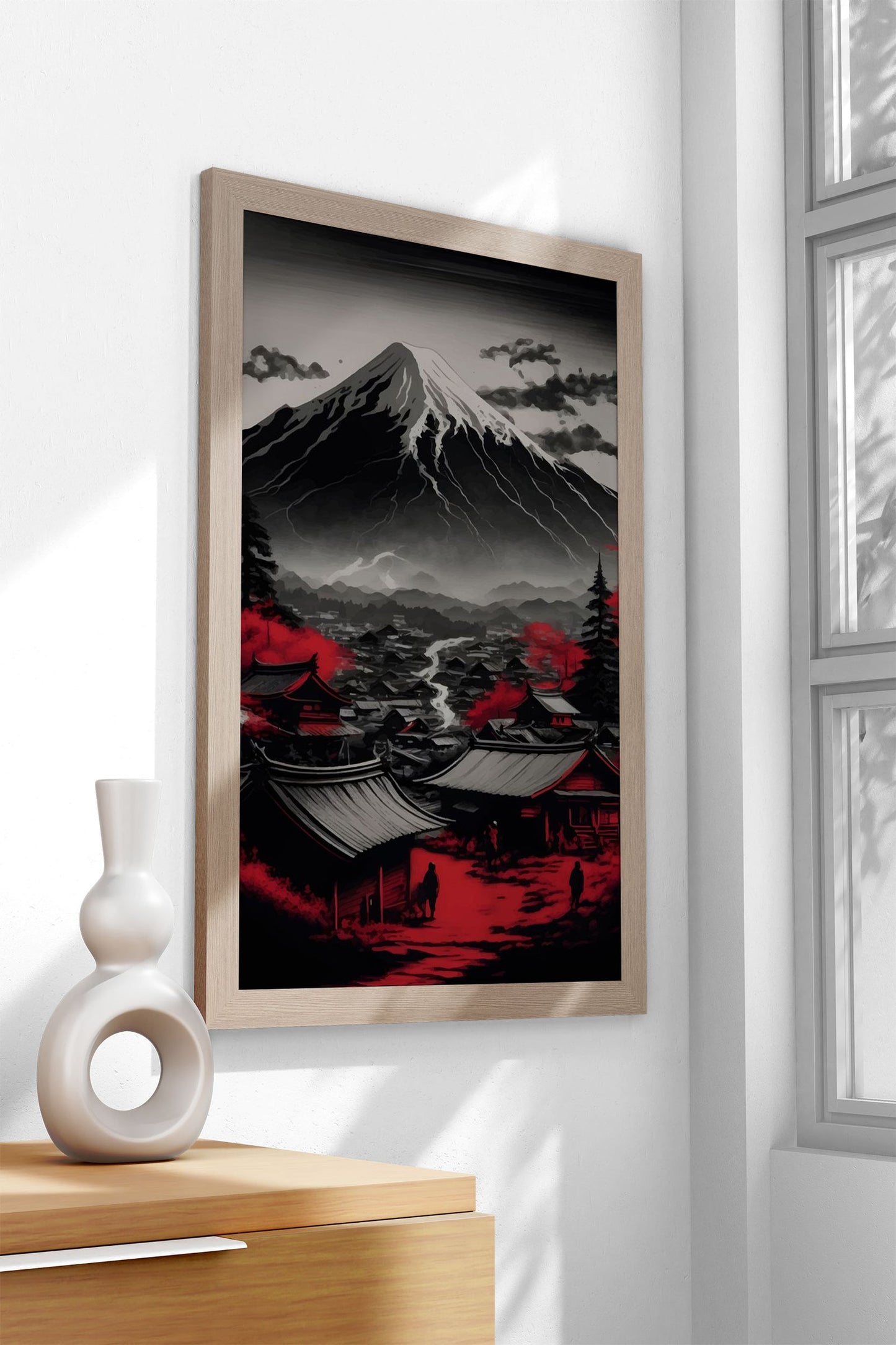 Red Japan Fuji Asian Style Poster | Tranquil Unframed Wall Art Print of Mount Fuji | Elegant Home & Office Decor | Multiple Sizes Available