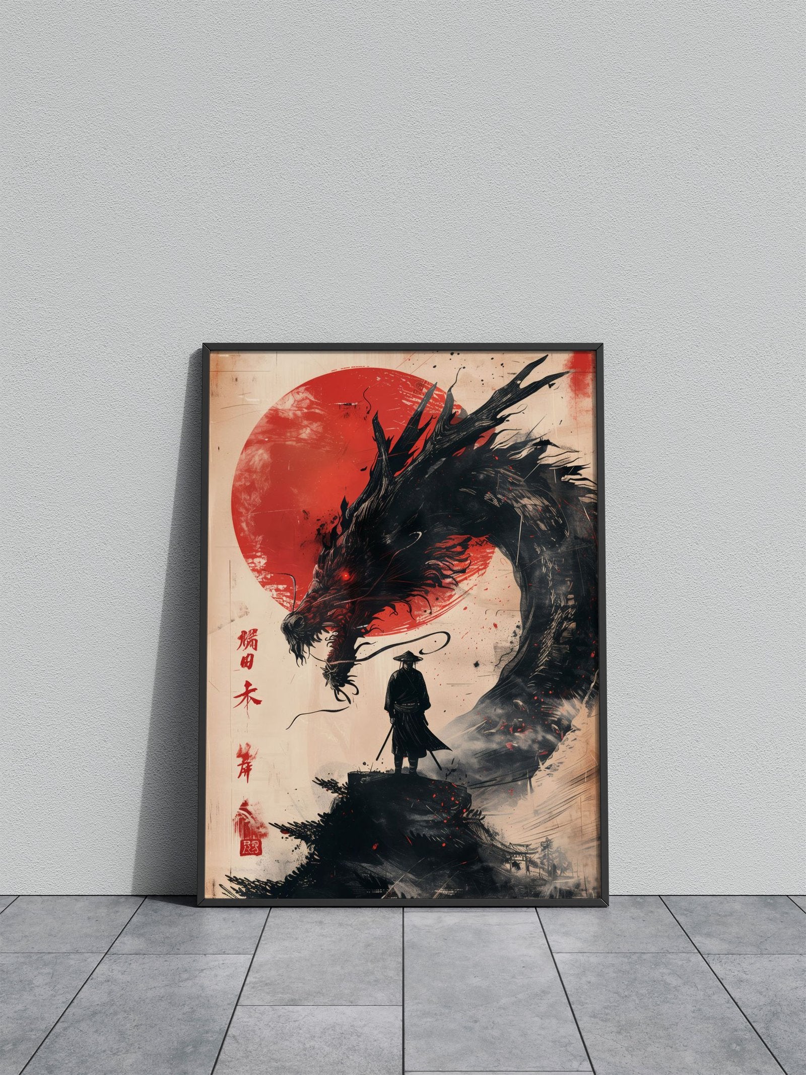 Samurai Dragon Red Sun Asian Style Poster | Wall Art for Home & Office | High-Quality Print - High-Quality Visual Display