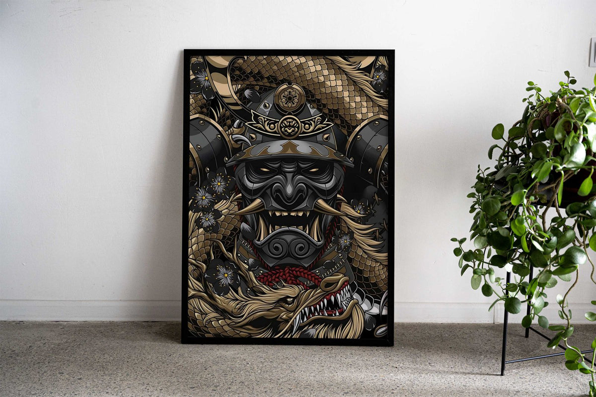 Samurai Mask and Dragon Asian Style Poster | Wall Art for Home & Office | High-Quality Print - High-Quality Visual Display