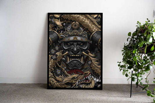 Samurai Mask and Dragon Asian Style Poster | Wall Art for Home & Office | High-Quality Print - High-Quality Visual Display