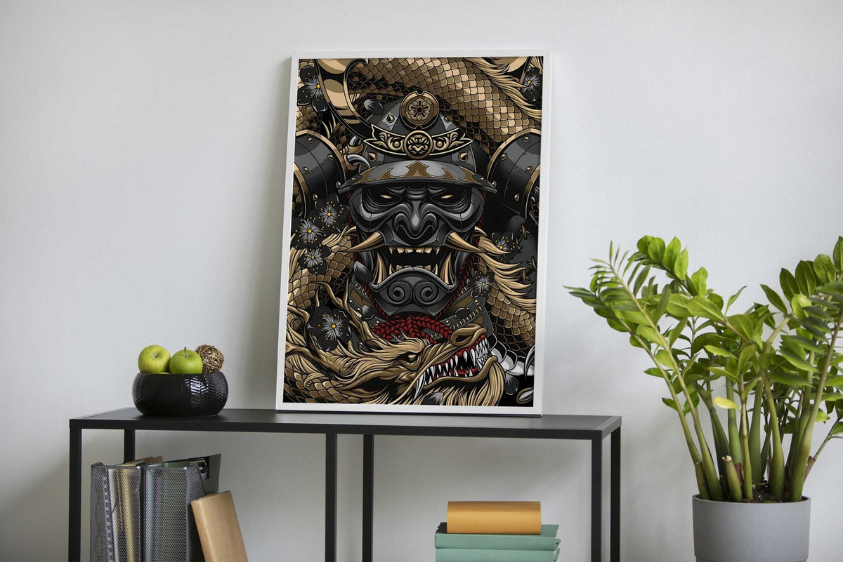 Samurai Mask and Dragon Asian Style Poster | Wall Art for Home & Office | High-Quality Print - High-Quality Visual Display