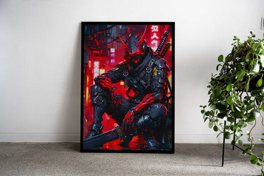 Samurai Neon City Asian Style Poster | Wall Art for Home & Office | High-Quality Print - High-Quality Visual Display