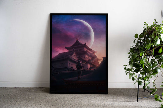 Samurai Under Crescent Moon Asian Style Poster | Wall Art for Home & Office | High-Quality Print - High-Quality Visual Display
