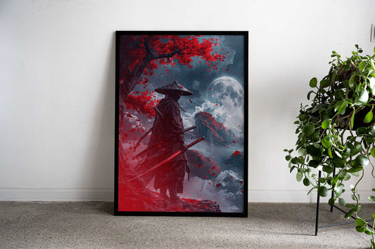 Samurai Under Crimson Moon Asian Style Poster | Wall Art for Home & Office | High-Quality Print - High-Quality Visual Display
