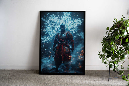 Samurai Warrior in Blue Fire Asian Style Poster | Wall Art for Home & Office | High-Quality Print - High-Quality Visual Display