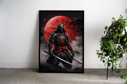 Samurai Warrior with Red Moon Asian Style Poster | Wall Art for Home & Office | High-Quality Print - High-Quality Visual Display