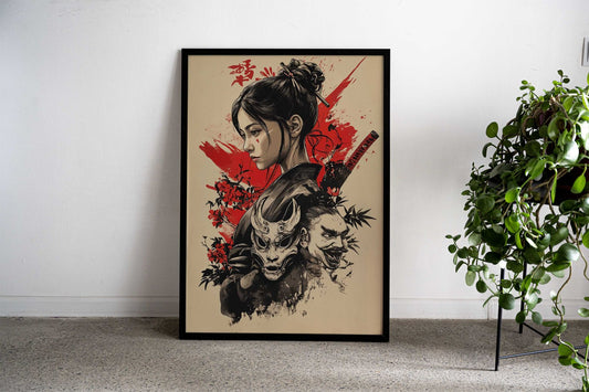 Samurai Woman with Mask Asian Style Poster | Wall Art for Home & Office | High-Quality Print - High-Quality Visual Display
