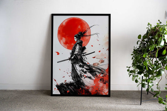 Samurai Woman with Red Moon Asian Style Poster | Wall Art for Home & Office | High-Quality Print - High-Quality Visual Display