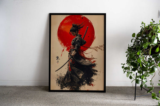 Samurai Woman with Red Sun Asian Style Poster | Wall Art for Home & Office | High-Quality Print - High-Quality Visual Display