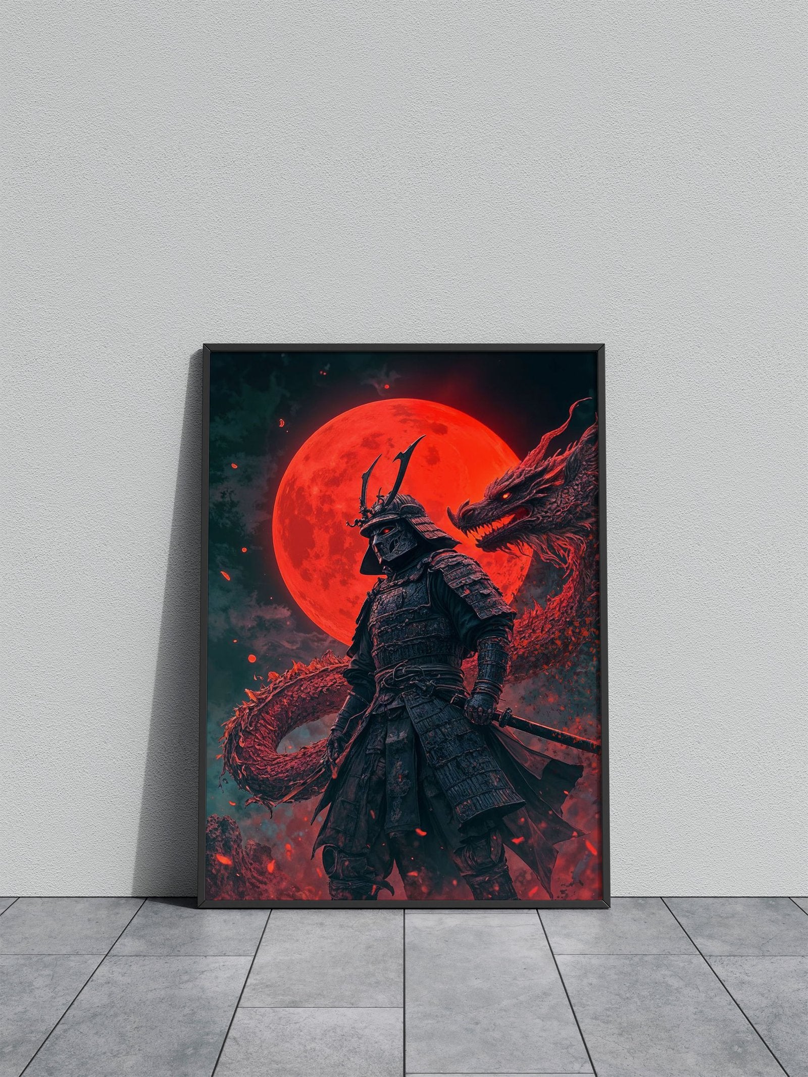 Samurai dragon Red Moon Asian Style Poster | Wall Art for Home & Office | High-Quality Print - High-Quality Visual Display