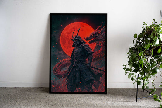 Samurai dragon Red Moon Asian Style Poster | Wall Art for Home & Office | High-Quality Print - High-Quality Visual Display
