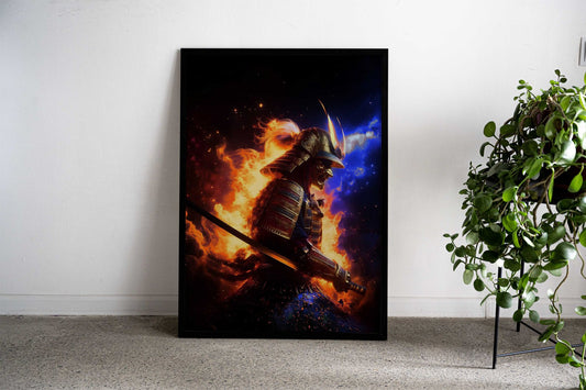 Samurai in Flames and Blue Universe Asian Style Poster | Wall Art for Home & Office | High-Quality Print - High-Quality Visual Display