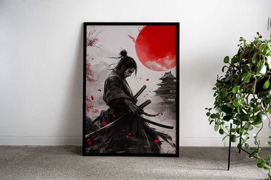 Samurai with Red Moon Asian Style Poster | Wall Art for Home & Office | High-Quality Print - High-Quality Visual Display