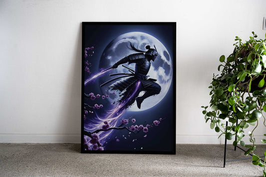 Samurai with full moon Asian Style Poster | Wall Art for Home & Office | High-Quality Print - High-Quality Visual Display