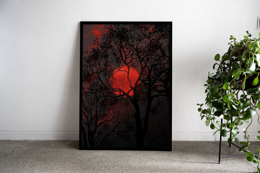 Silhouetted Trees and Red Sun Asian Style Poster | Wall Art for Home & Office | High-Quality Print - High-Quality Visual Display