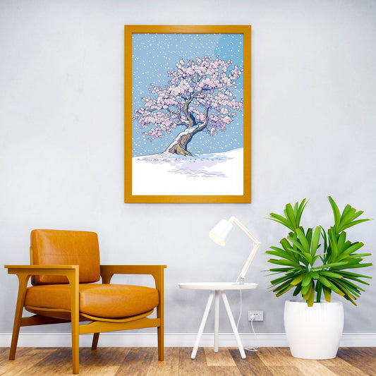 Snow on Cherry Blossom Art Asian Style Poster | Wall Art for Home & Office | High-Quality Print - High-Quality Visual Display