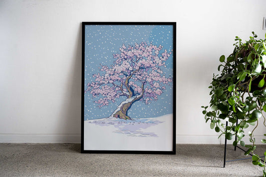 Snow on Cherry Blossom Art Asian Style Poster | Wall Art for Home & Office | High-Quality Print - High-Quality Visual Display