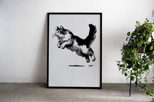Sumie Cat Pouncing Asian Style Poster | Wall Art for Home & Office | High-Quality Print - High-Quality Visual Display