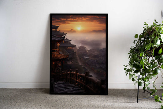 Sunrise Over Chinese Village Asian Style Poster | Wall Art for Home & Office | High-Quality Print - High-Quality Visual Display