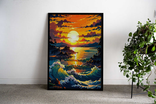 Sunset Ocean Waves Asian Style Poster | Wall Art for Home & Office | High-Quality Print - High-Quality Visual Display