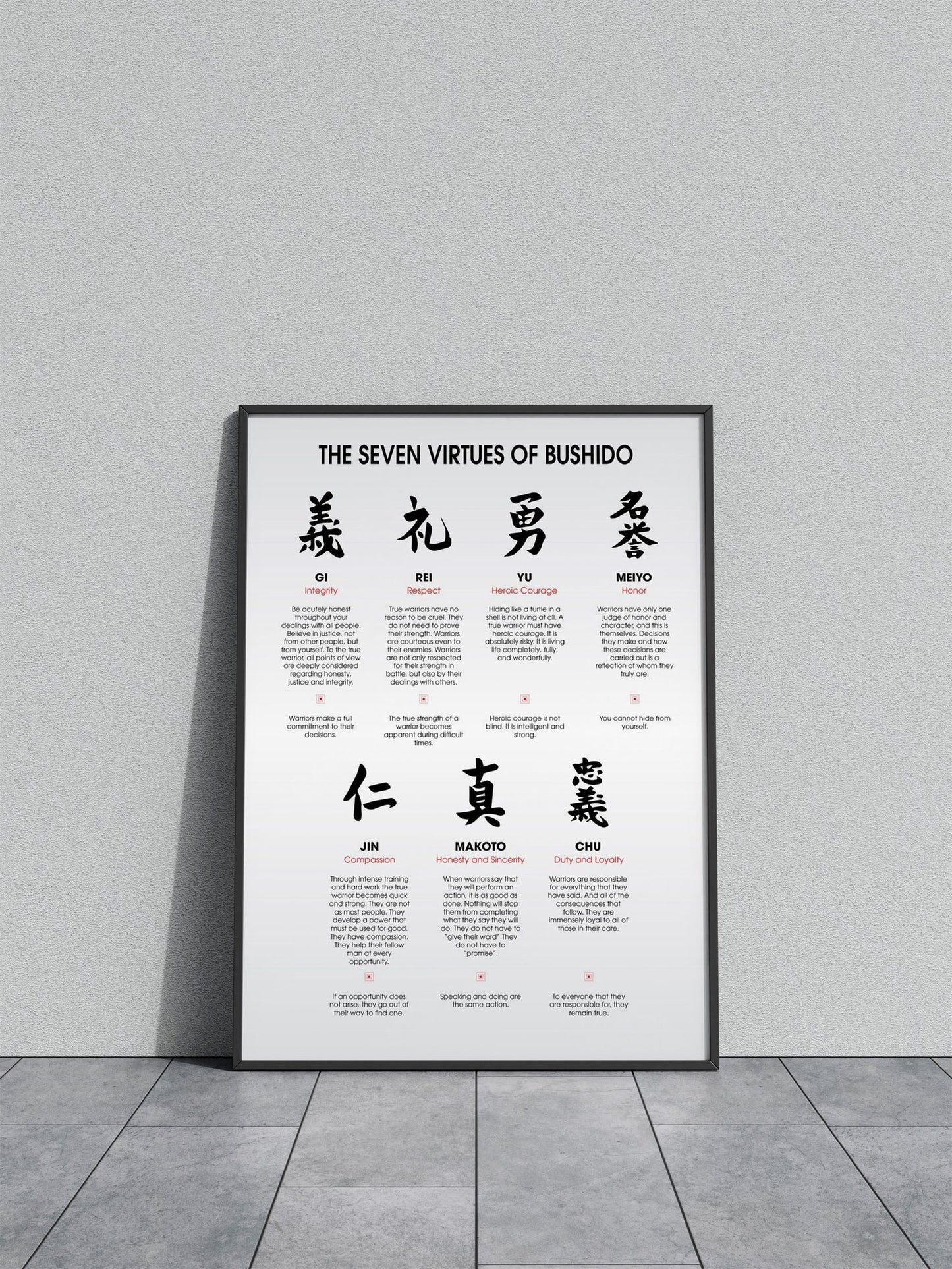 The 7 Virtues of Bushido Asian Style Poster | Wall Art for Home & Office | High-Quality Print