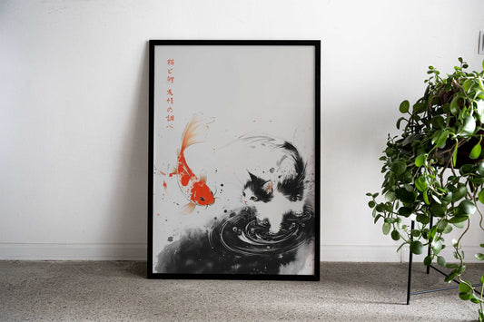 The Carp and the Cat Ink Sumi-e Asian Style Poster | Wall Art for Home & Office | High-Quality Print - High-Quality Visual Display