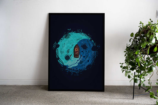 The man on the boat. Yin-yang-shaped water. Fish in the water Asian Style Poster | Wall Art for Home & Office | High-Quality Print - High-Quality Visual Display