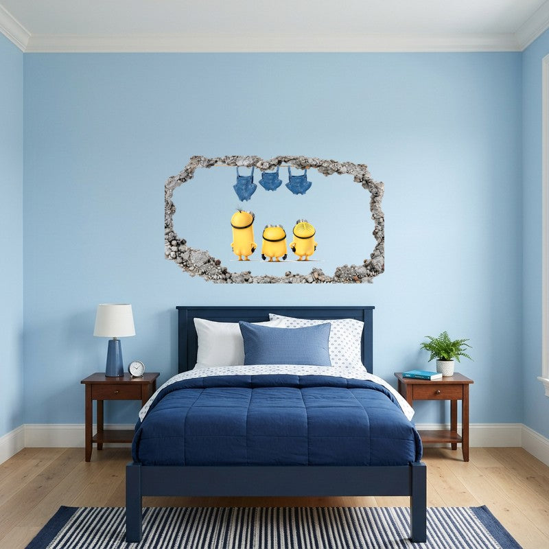 Three Minions Under Blue Overalls White 3D Wall Art Decal Sticker Kids Room Kids Room Wall Decal Sticker