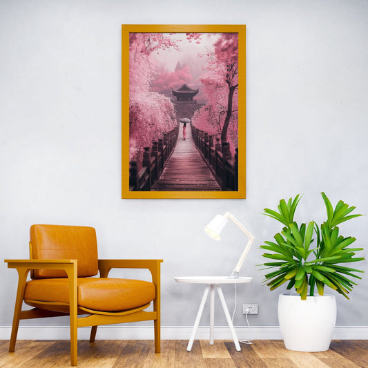 Through Cherry Blossoms Asian Style Poster | Wall Art for Home & Office | High-Quality Print - High-Quality Visual Display