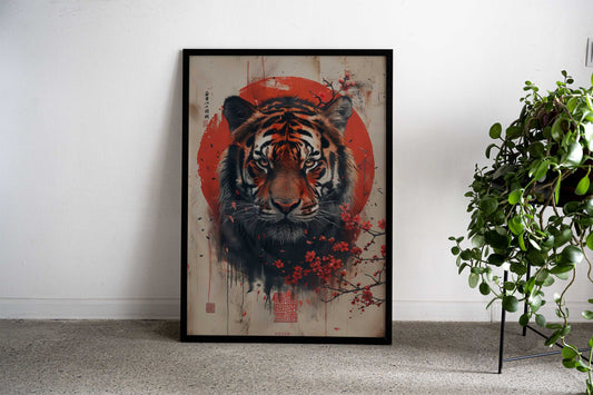 Tiger with Cherry Blossoms Asian Style Poster | Wall Art for Home & Office | High-Quality Print - High-Quality Visual Display