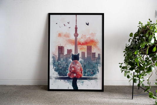 Tokyo Skyline Neko Asian Style Poster | Wall Art for Home & Office | High-Quality Print - High-Quality Visual Display