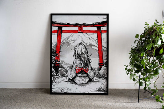 Torii Gate Kimono Girl Ink Asian Style Poster | Wall Art for Home & Office | High-Quality Print - High-Quality Visual Display