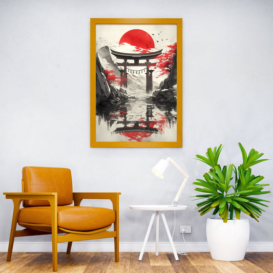 Torii Gate Under Red Sun Asian Style Poster | Wall Art for Home & Office | High-Quality Print - High-Quality Visual Display