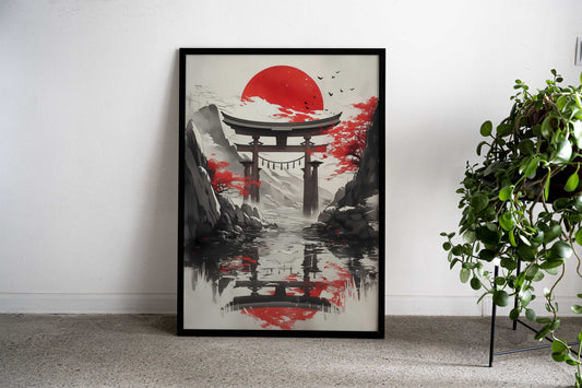 Torii Gate Under Red Sun Asian Style Poster | Wall Art for Home & Office | High-Quality Print - High-Quality Visual Display