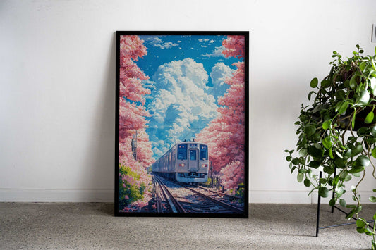 Train Through Cherry Blossoms Asian Style Poster | Wall Art for Home & Office | High-Quality Print - High-Quality Visual Display