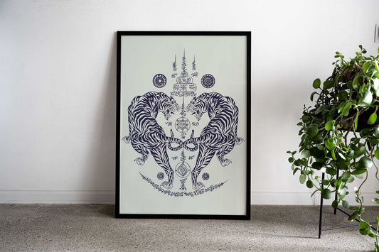 Twin Tigers Dark Blue Asian Style Poster | Wall Art for Home & Office | High-Quality Print - High-Quality Visual Display