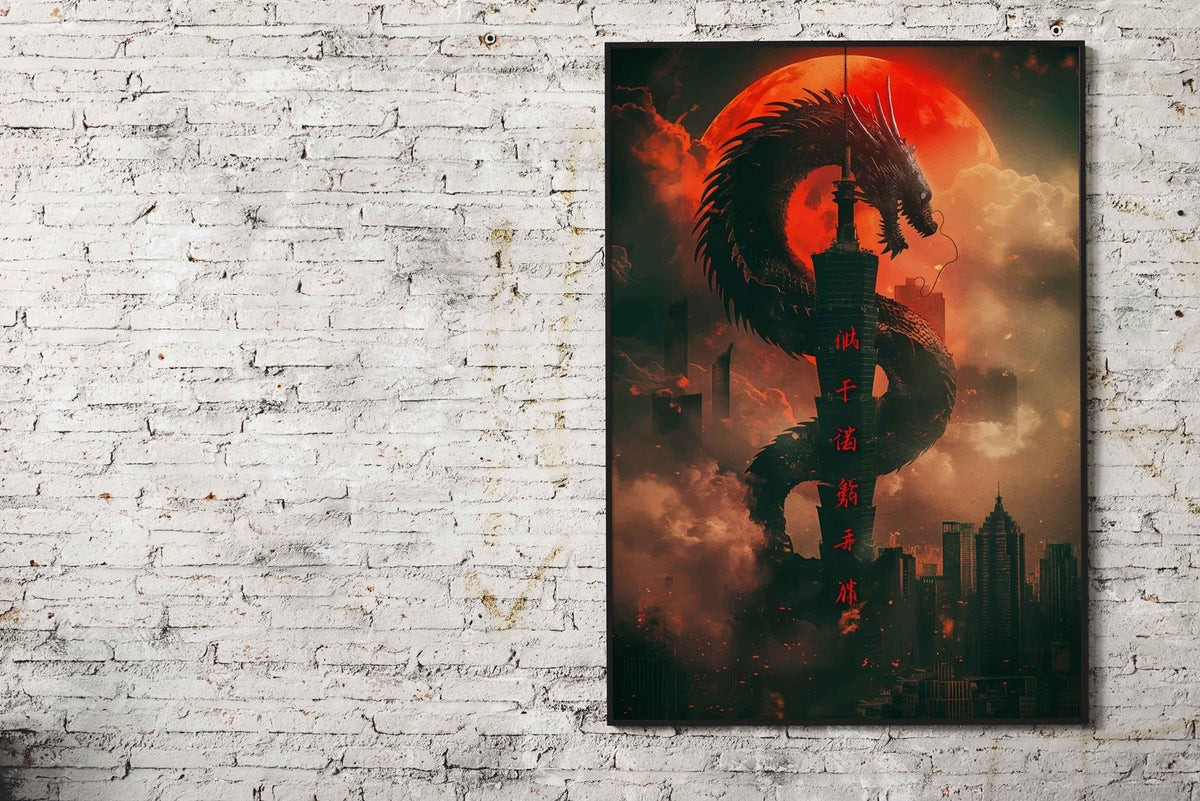 Urban Dragon Red Moon Asian Style Poster | Wall Art for Home & Office | High-Quality Print - High-Quality Visual Display