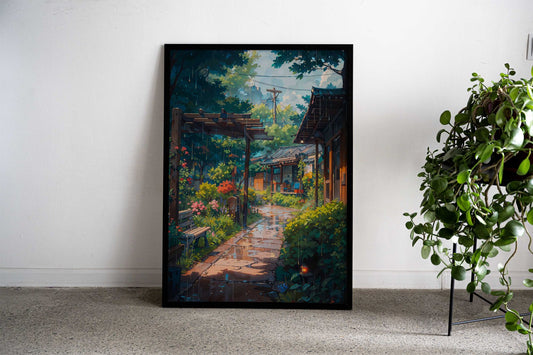 Village Rain Asian Style Poster | Wall Art for Home & Office | High-Quality Print - High-Quality Visual Display