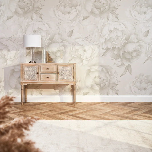 Retro Peony Wall Mural in Soft Neutral Tones