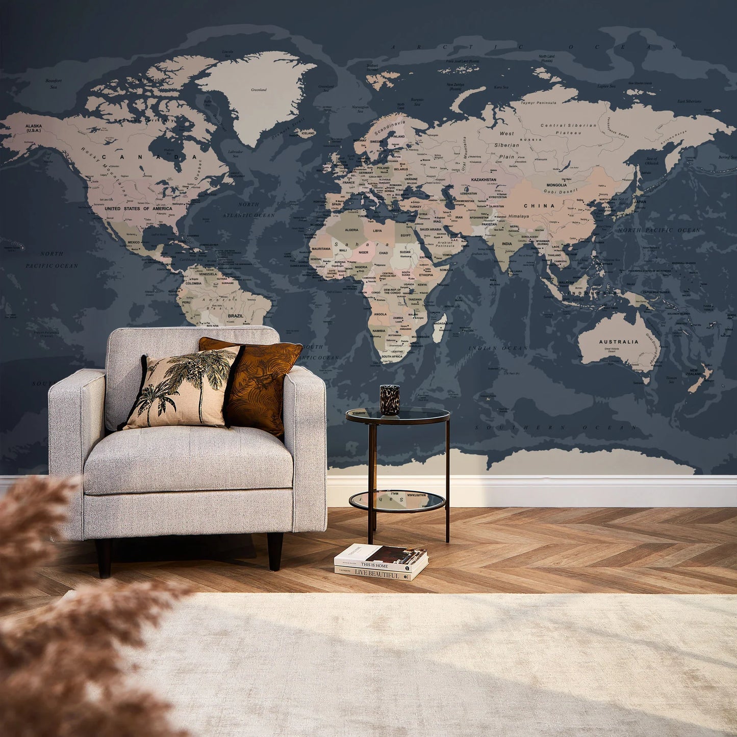 Dark-Themed World Map Mural