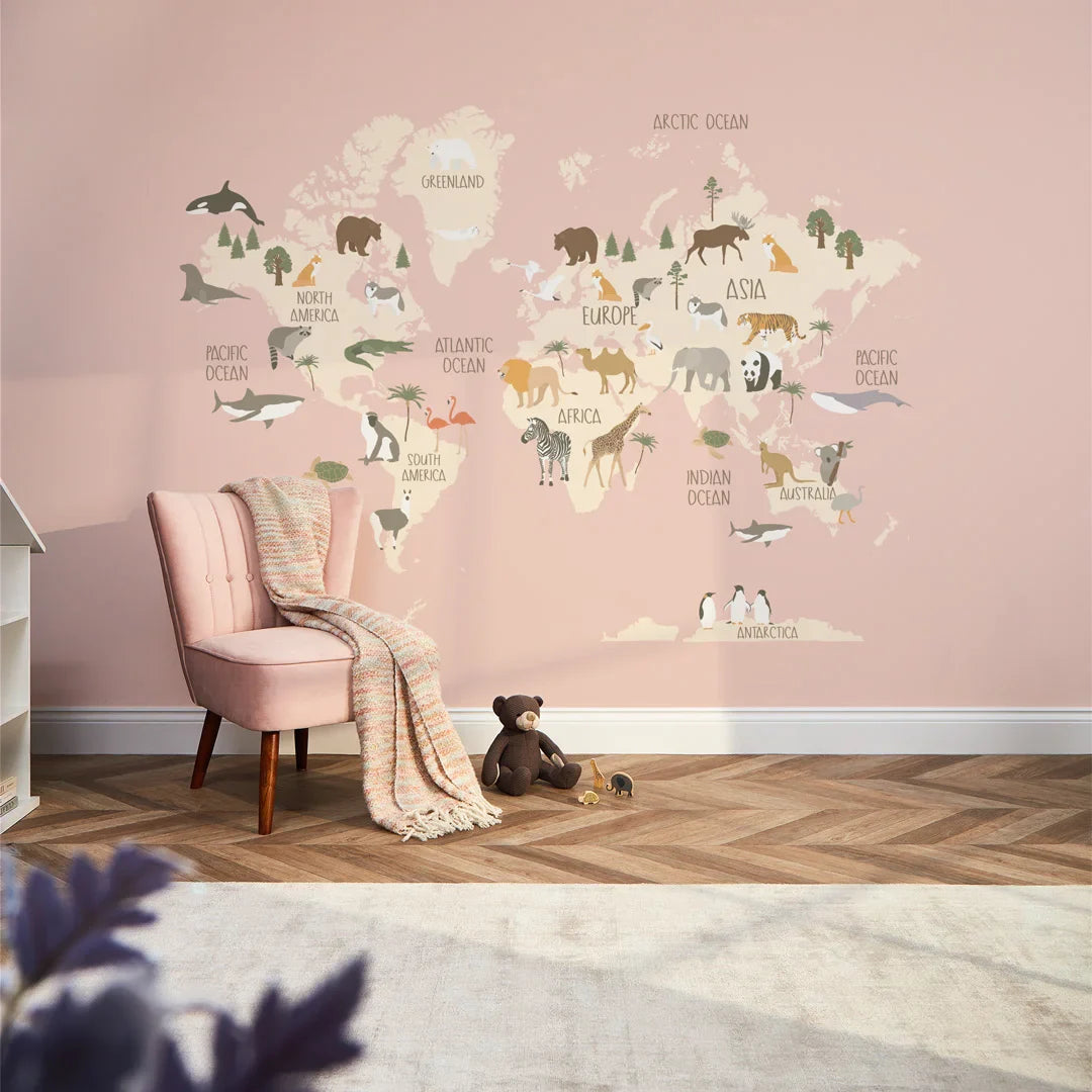 Pink Scandi Safari Map Wall Mural