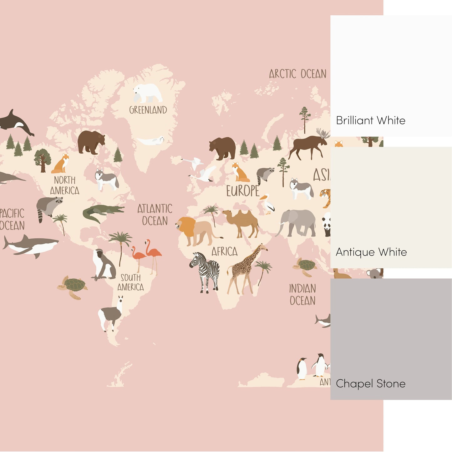 Pink Scandi Safari Map Wall Mural