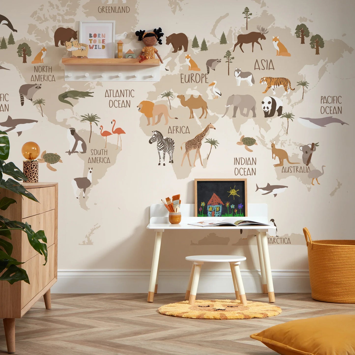 Natural Scandi Safari Map Wall Mural