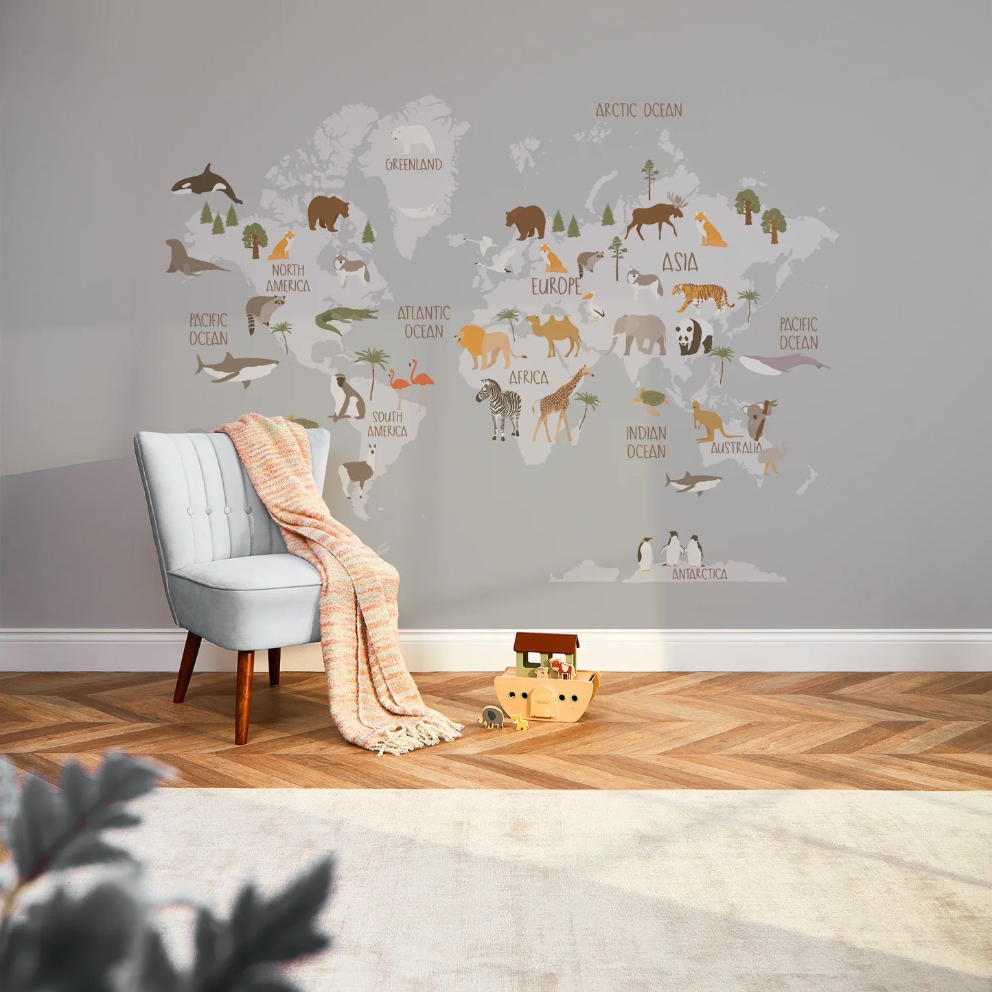 Grey Scandi Safari Map Wall Mural