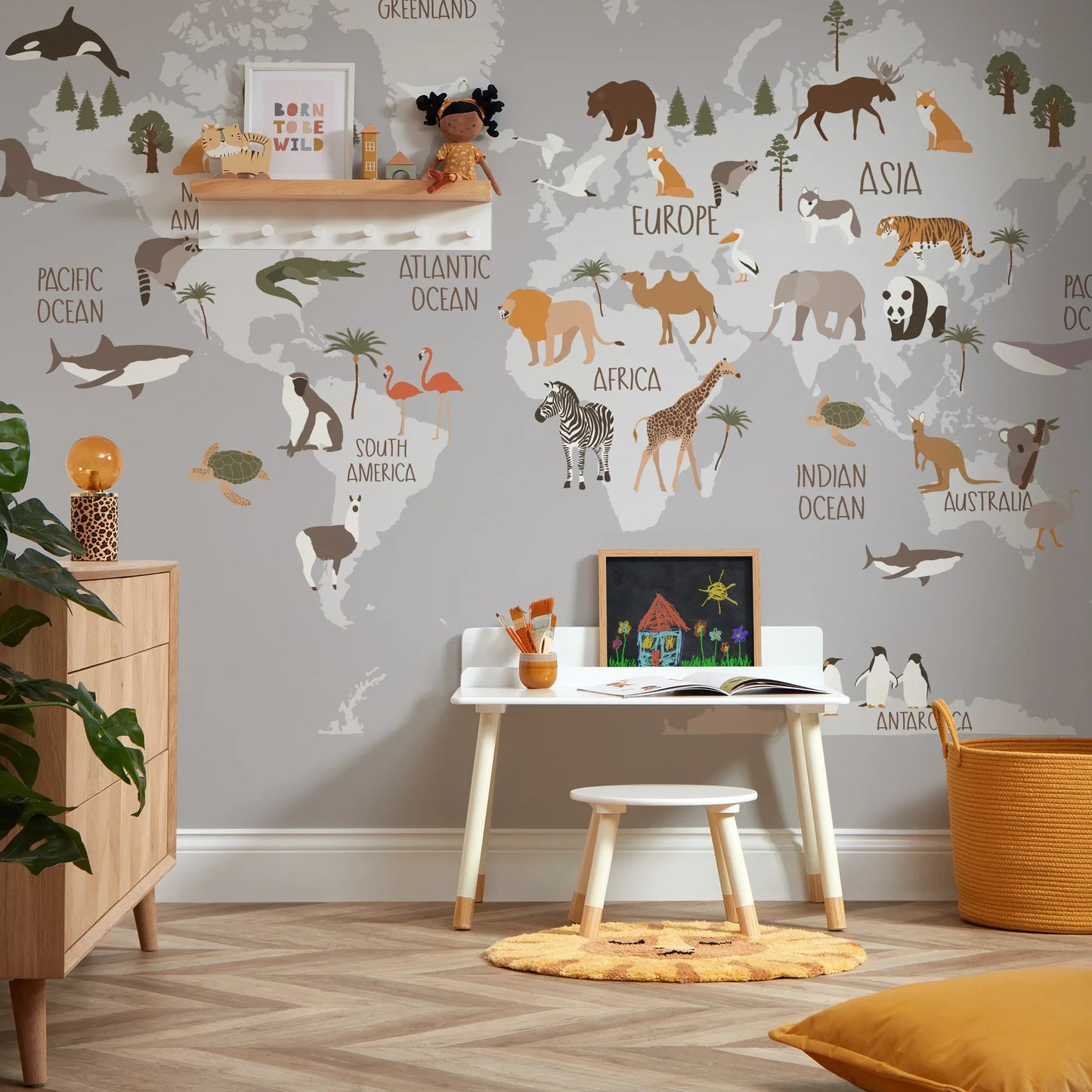 Grey Scandi Safari Map Wall Mural