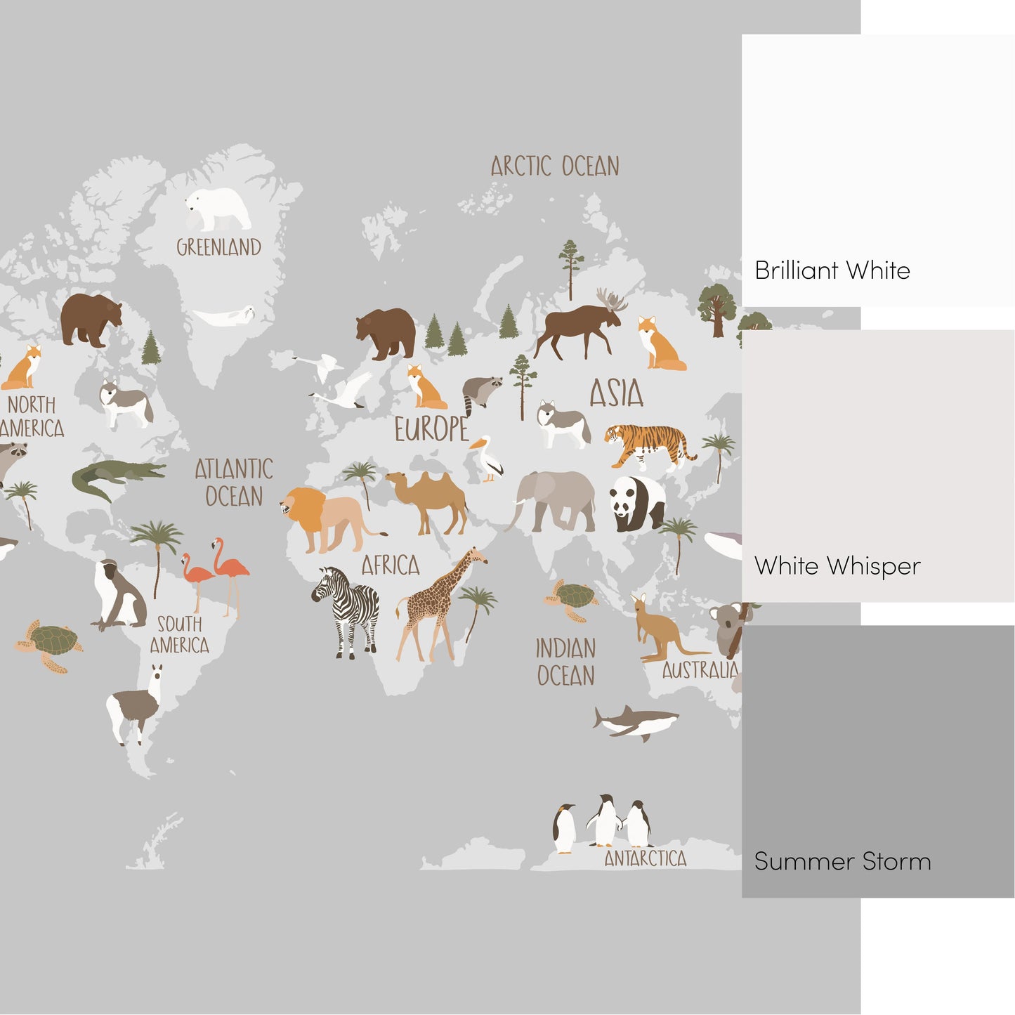 Grey Scandi Safari Map Wall Mural