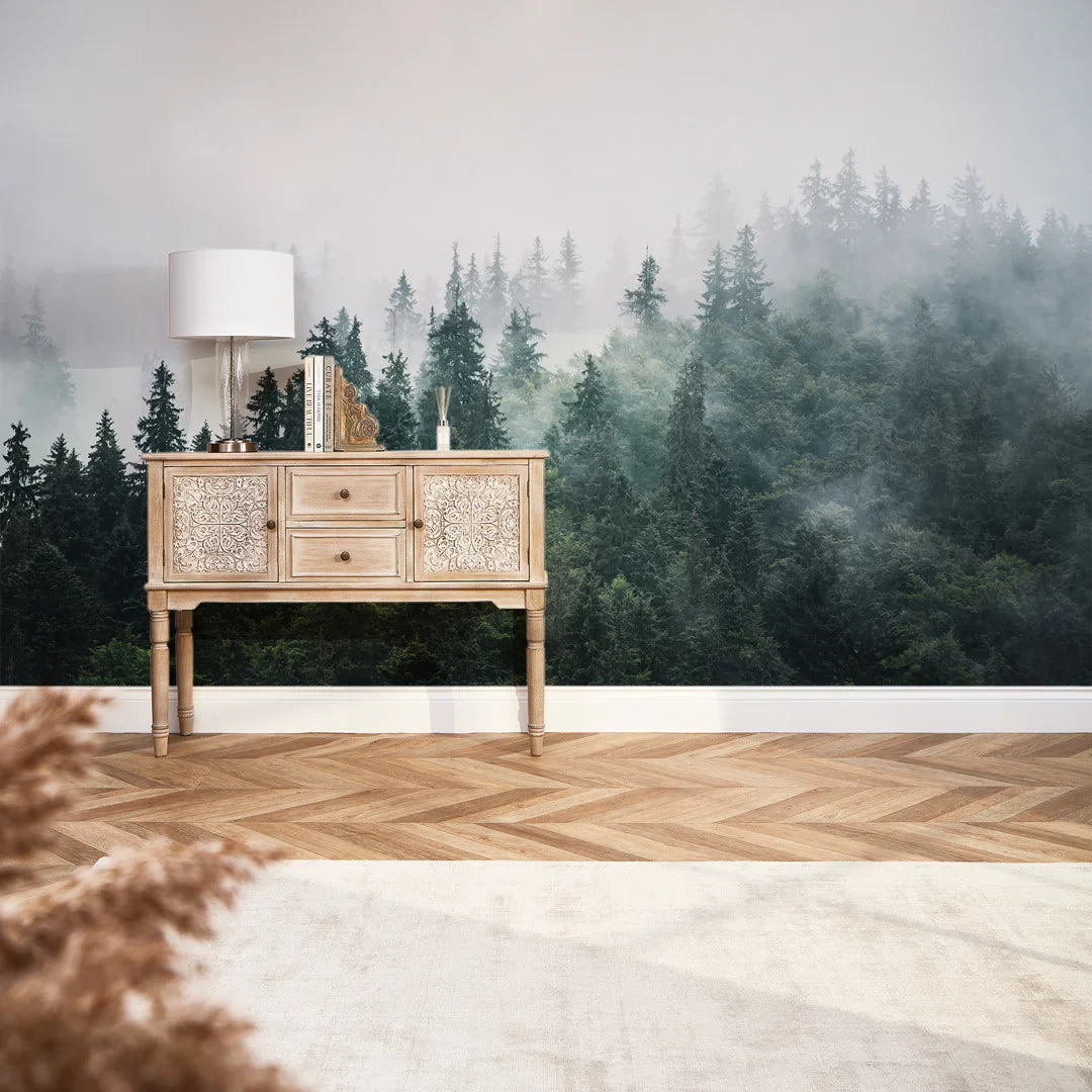 Green and Grey Misty Trees Wall Mural