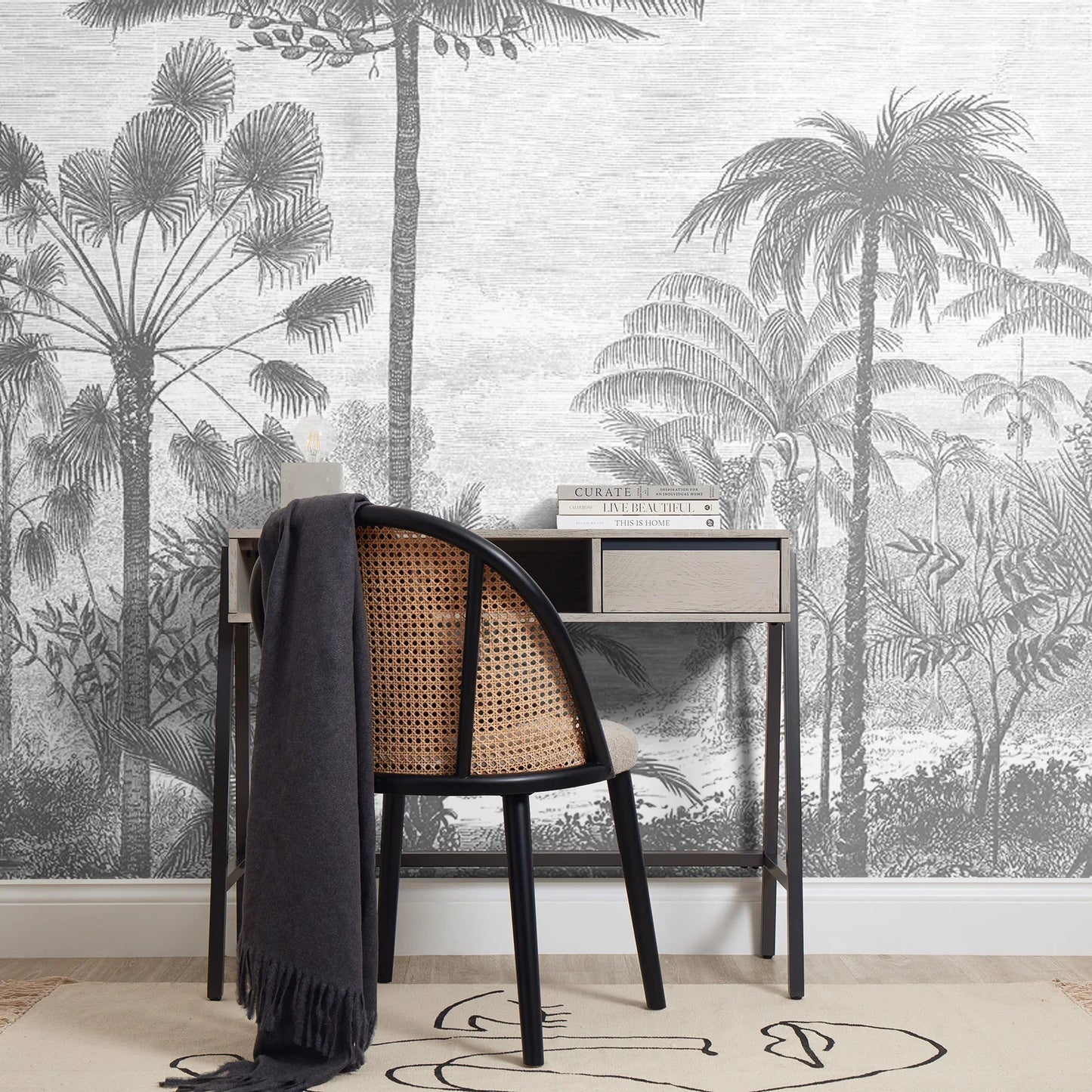 Grey Etched Palms Wall Mural